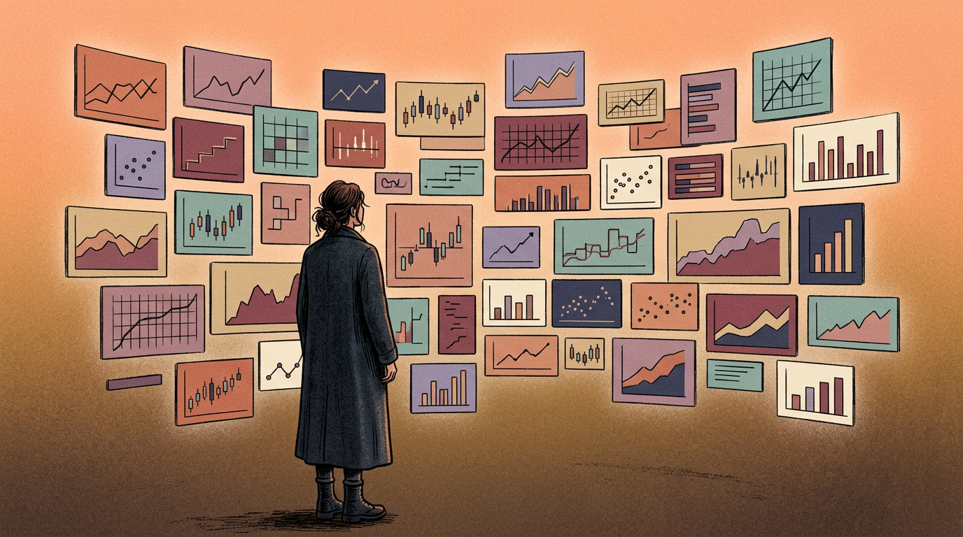 An illustration of a figure in a long coat standing before a wall of small charts