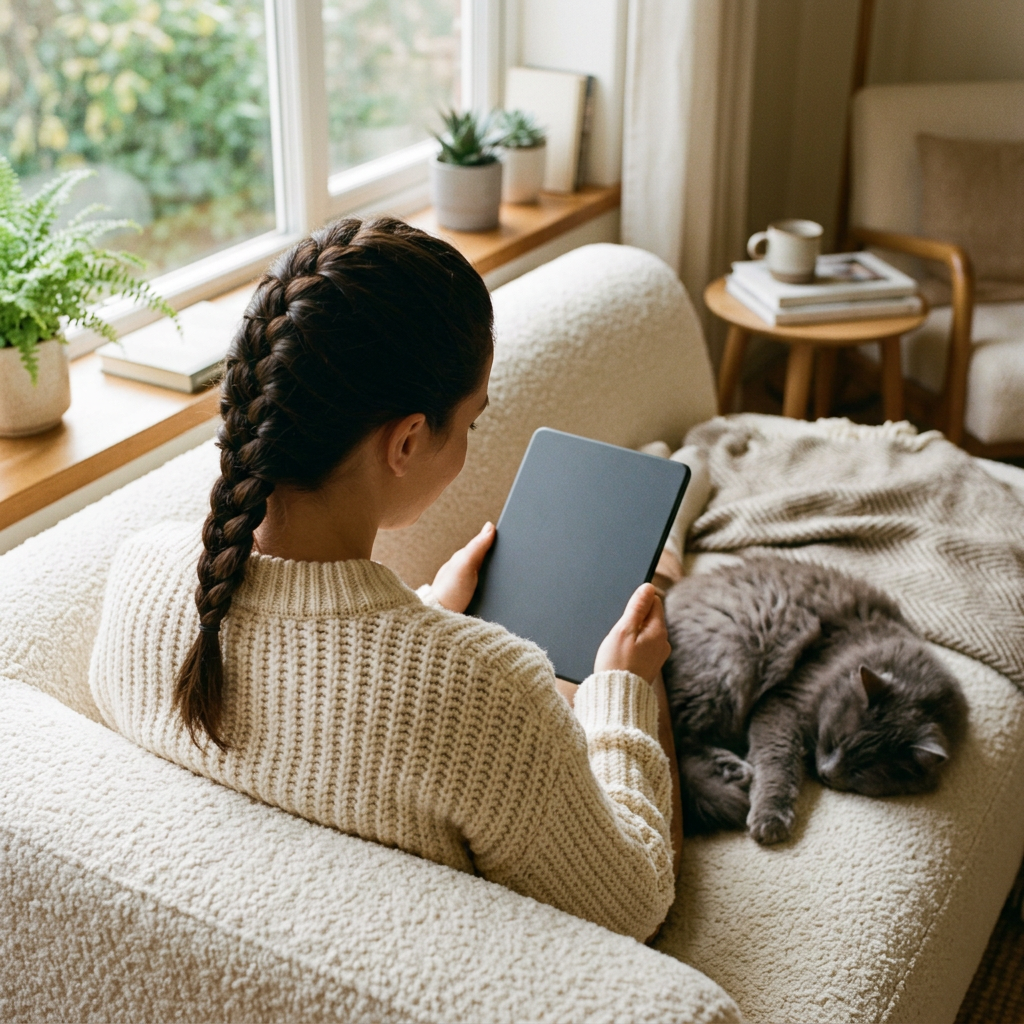 Someone reading on a tablet on a cream sofa, a grey cat asleep beside them